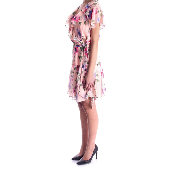 Floral Print Georgette Ruffle Trimmed Belted Fit And Flare Dress