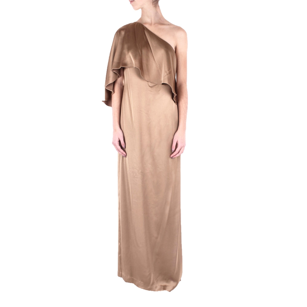 Gold Satin One-Shoulder Cape Gown