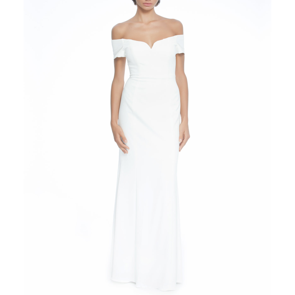 White Off Shoulder Sleeve Gown, Clothes,Designers,Wedding Season Dresses, BADGLEY MISCHKA - elilhaam.com