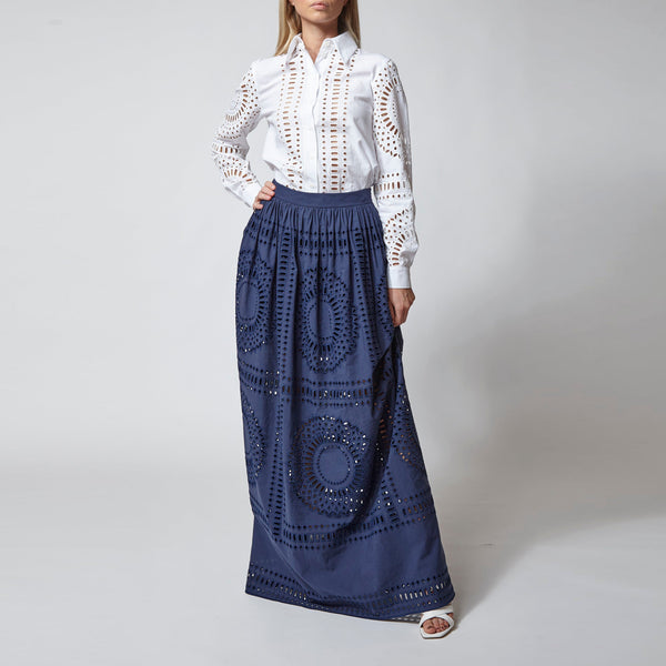 Blue Broderie Anglaise Maxi Skirt