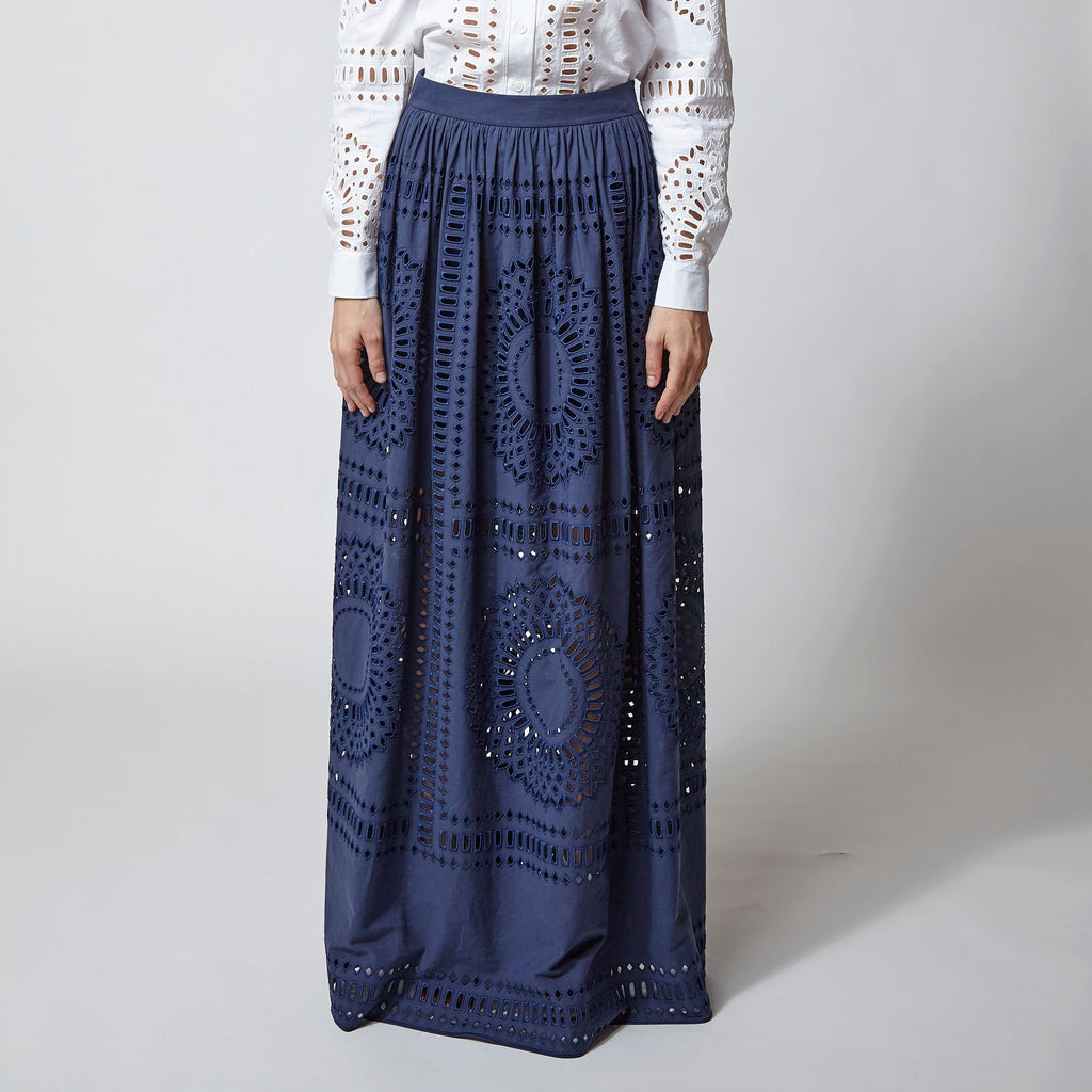 Blue Broderie Anglaise Maxi Skirt