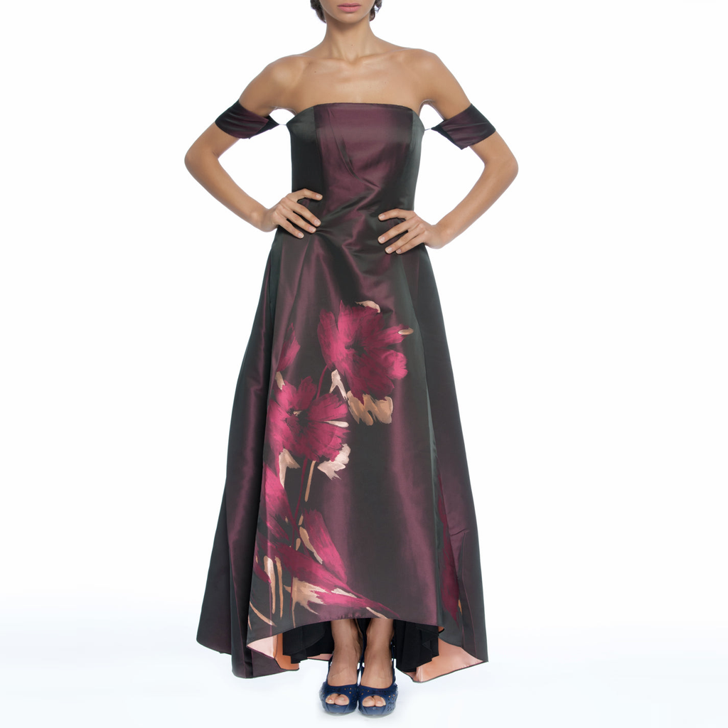 Off Shoulder Placement Floral Evening, New,Clothes,Designers,Florals,Red Palette,Wedding Season Dresses,Peaches and Cream, BADGLEY MISCHKA - elilhaam.com