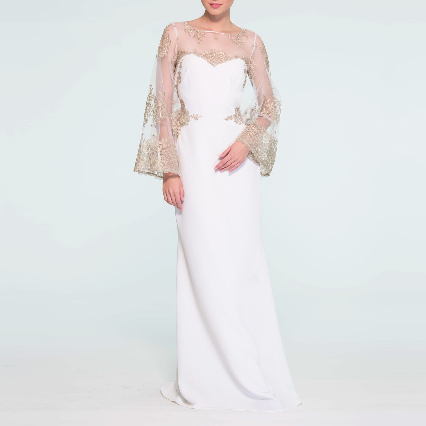 Clothes,Designers - Lace Cape Sleeve Gown-Ivory