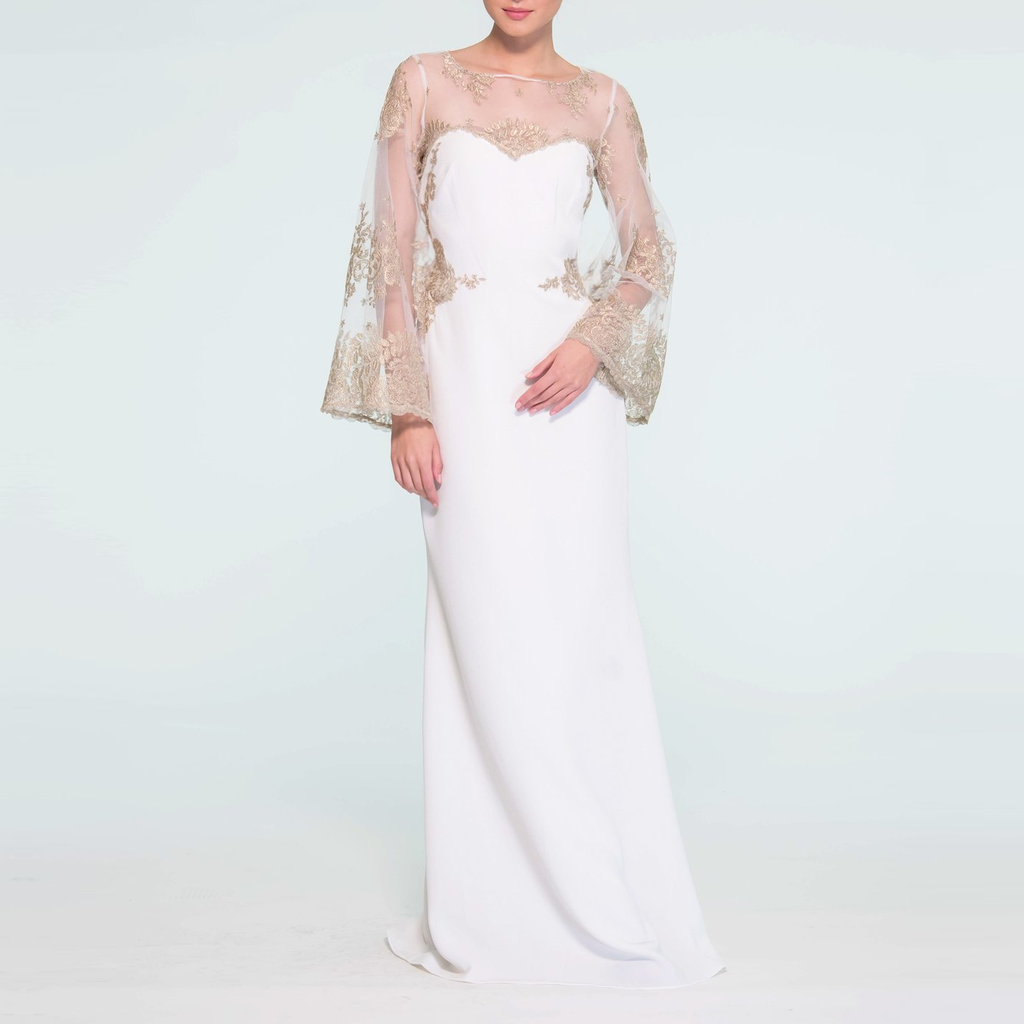 Clothes,Designers - Lace Cape Sleeve Gown-Ivory