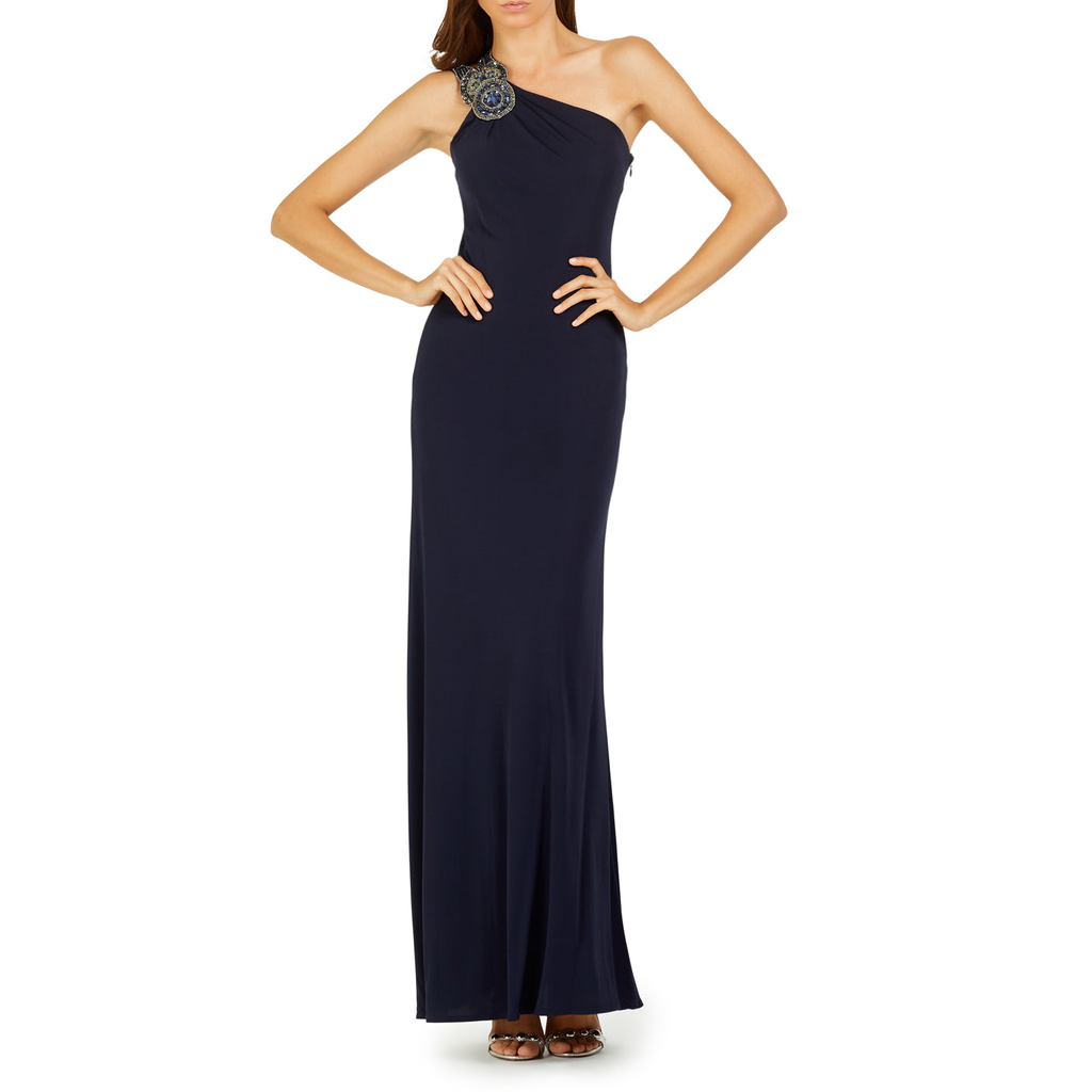 Beaded-Shoulder Jersey Gown, DAVID MEISTER - elilhaam.com