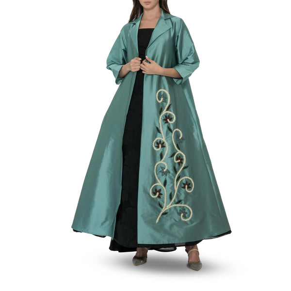 Green Silk Taffeta Embroidered Abaya