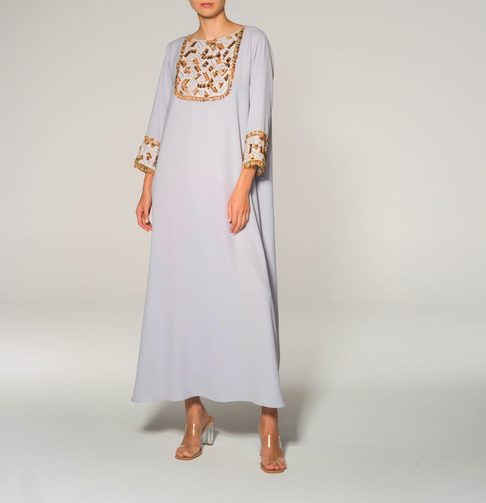 Grey Gold Embroidery Embellishment Kaftan