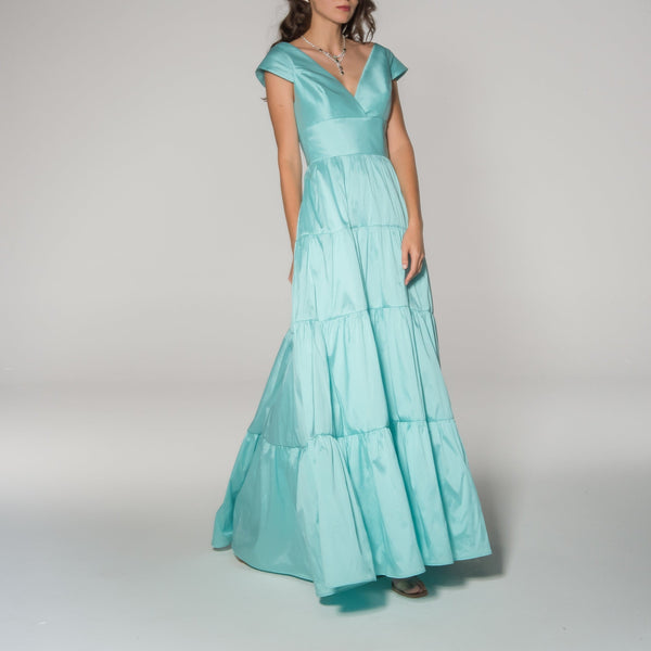 Aqua Taffeta V-Neck A-Line Gown With Gathered Tier Skirt