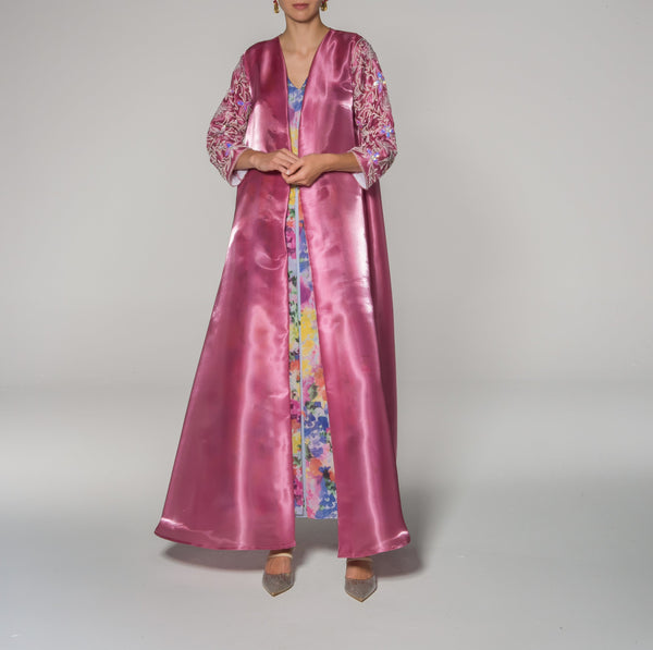 Dark Pink Silk Taffeta Beaded Sleeves Abaya