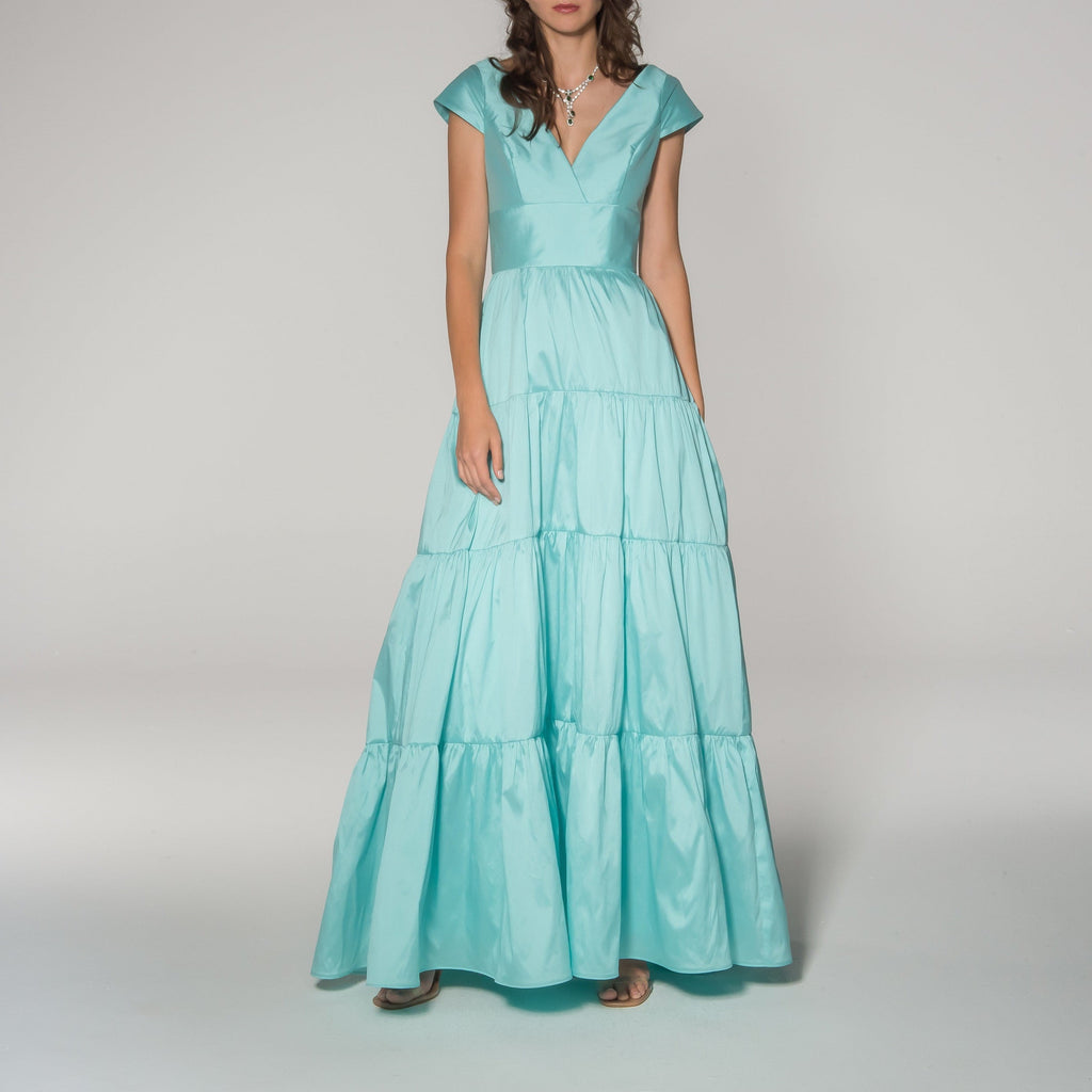 Aqua Taffeta V-Neck A-Line Gown With Gathered Tier Skirt