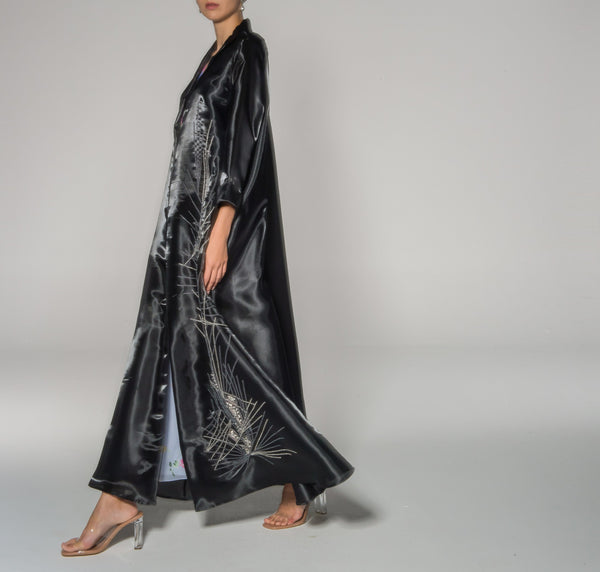 Black Silk Geometric Pattern Embroidered Abaya