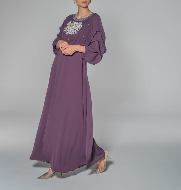 Purple Gathered Sleeves Embroidered  Dress