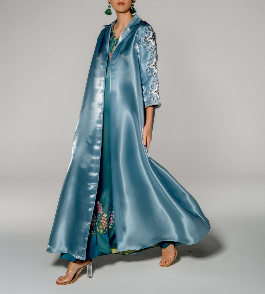 Blue Silk Taffeta Beaded Sleeves Abaya