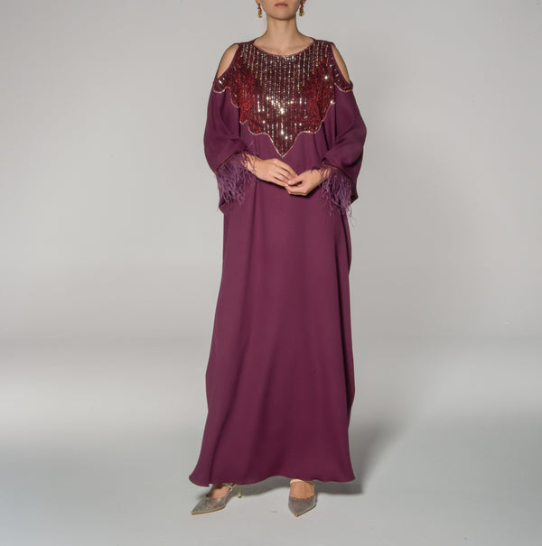 Maroon Beads and Feather Trim Kaftan