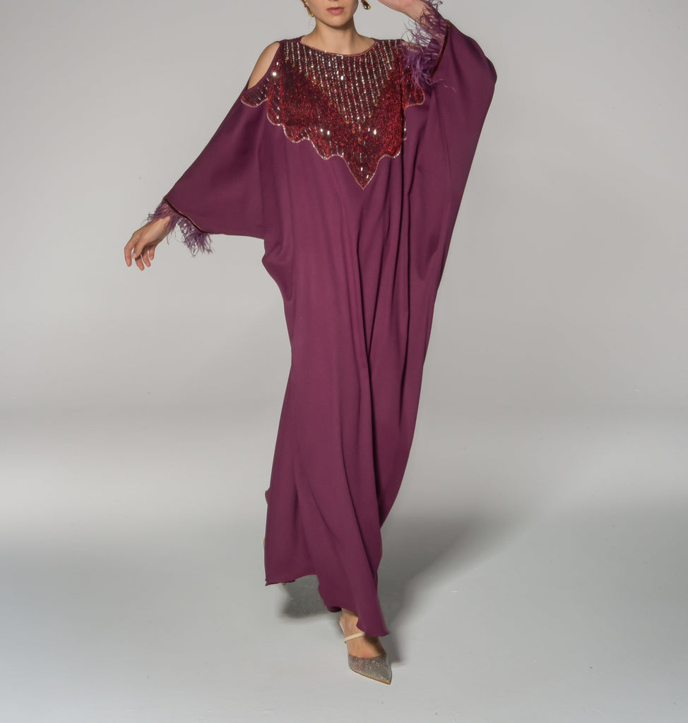 Maroon Beads and Feather Trim Kaftan