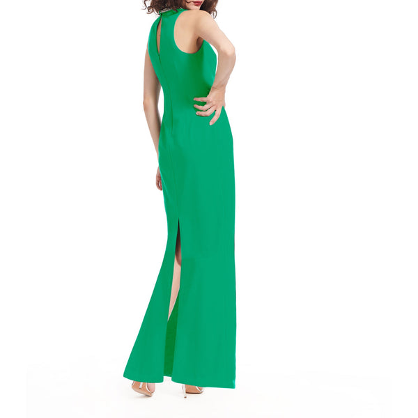 فستان بلا أكمام بياقة مرصعة بالجواهر أخضر