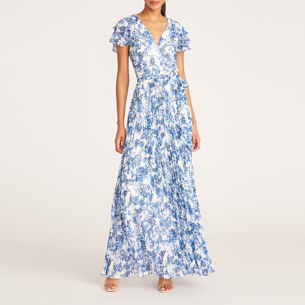 Navy Porcelain V Neckline Woven Long Dress