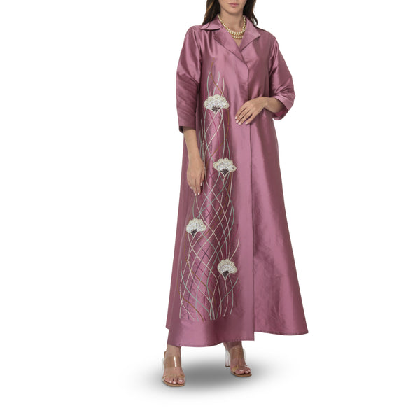 Old Rose Silk Taffeta Embroidered Abaya