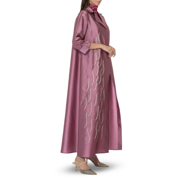 Old Rose Silk Taffeta Floral Embroidered Abaya