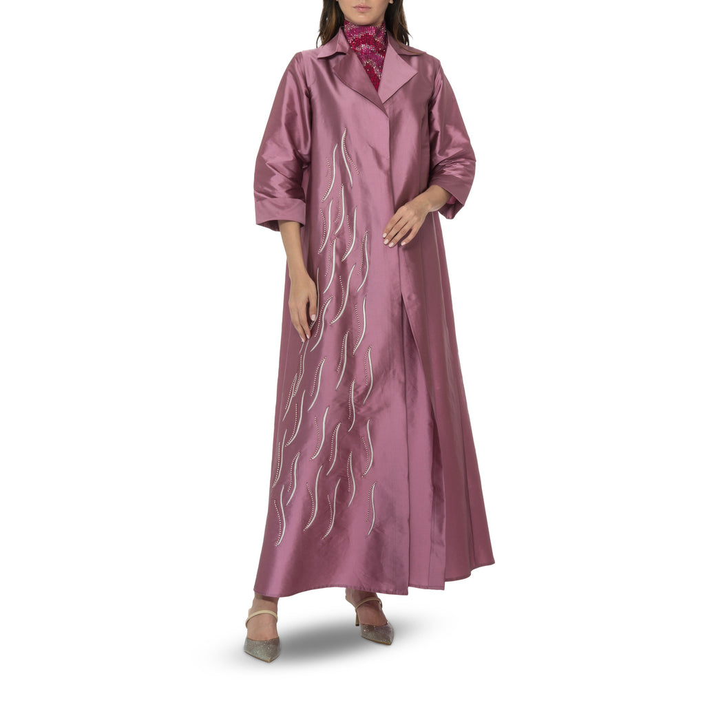 Old Rose Silk Taffeta Floral Embroidered Abaya