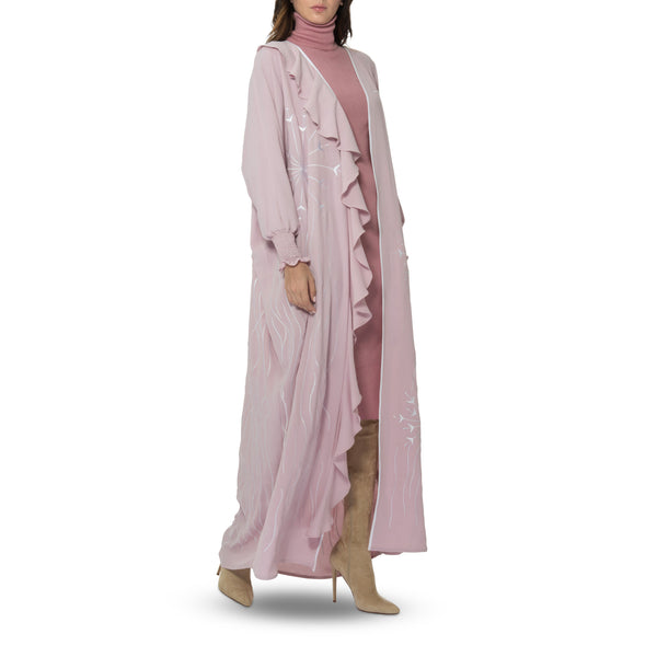 Pink Frill Abaya With Elastic Hem