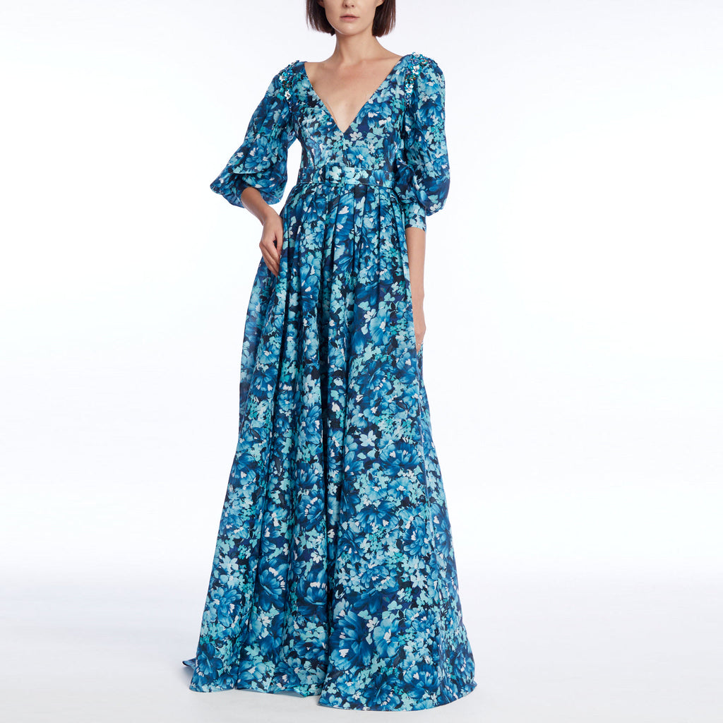 Teal Multi Printed V Neckline Puff Sleeve Gown