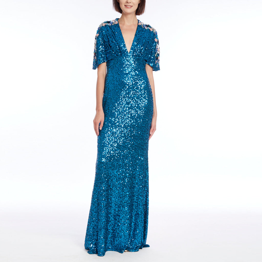 Teal Sequin Dolman Gown