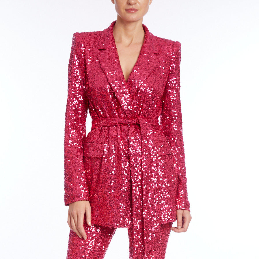 Watermelon Sequined Blazer With Sash Belt