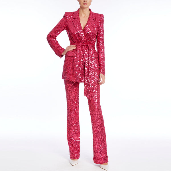 Watermelon Sequined Blazer With Sash Belt